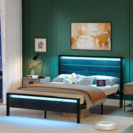 VINGLI Full Platform Bed Frame with 12-Inch Under-Bed Storage Space, RGB LED Headboard & Footboard, 2 AC 2 USB 1 Type-C Charging Ports, Sturdy Metal Noise-Free Design, Modern Apartment Bedroom,Black VINGLI