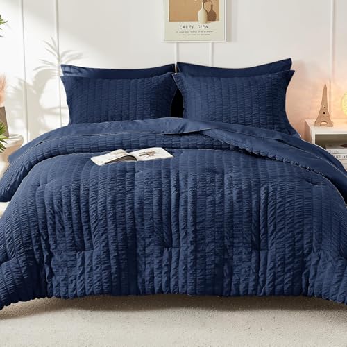 HYMOKEGE Navy Blue Twin Comforter Set Seersucker 5 Pieces, All Season Luxury Bed in a Bag for Bedroom, Bedding Set with Comforters, Sheets, Pillowcase & Sham HYMOKEGE