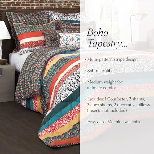 Lush Decor Boho Striped Reversible 7 Piece Comforter Bedding Set, King, Turquoise & Tangerine Lush Decor