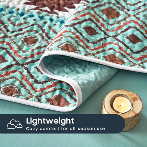 Wake In Cloud - Western Quilt Set, Southwestern Aztec Country Style with Rustic Ranch Vibe, Reversible Lightweight Bedspread Coverlet, 3 Pieces, Turquoise Brown, Queen/Full Size Wake In Cloud