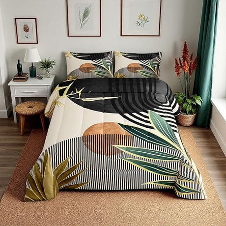 Erosebridal Mid Century Modern Comforter Set Full Boho Botanical Minimalist Bedding Set,Vintage Line Art Down Comforter Modern Simple Abstract Aesthetic Duvet Insert,Black Beige Erosebridal