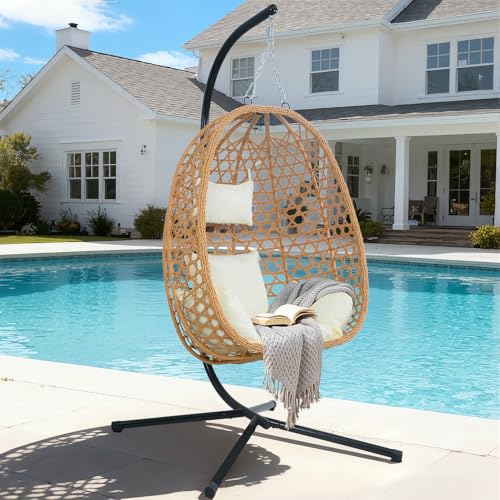 EortheX Hanging Egg Chair with Cushions – Comfortable Rattan Swing Chair with Stand for Patio, Garden, or Balcony – Stylish and Relaxing Outdoor Lounge Chair, 350LBS Capacity Indoor Outdoor (Beige) EortheX outdoor fancy