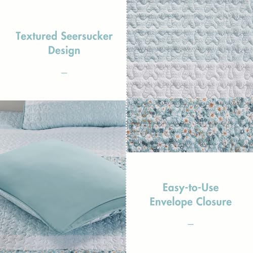 Madison Park Queen Quilt Set, Seersucker Floral Coverlet, All Season Lightweight Microfiber Bedding Quilt Set, Vermicelli Quilting Design, Throw Pillow, Caralie, Full/Queen Aqua 4 Piece Madison Park