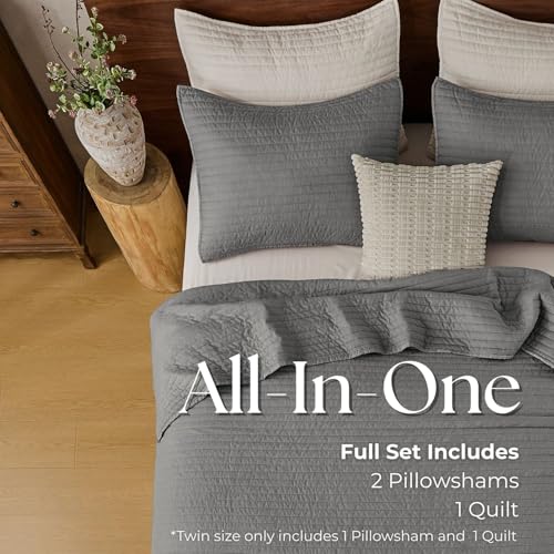 DOWN HOME Twin Quilt Bedding Set with Sham, Vintage Washed Soft Quilted Blanket Thin Comforter Lightweight Bedspread Coverlet Bed Cover, Brushed Microfiber Stripe Stitching, Ash Gray, 66"x92" DOWN HOME