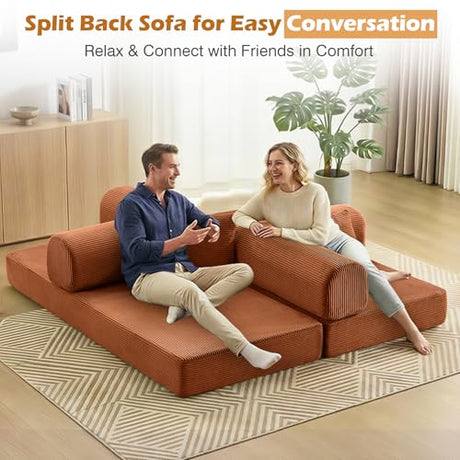 CozySpot Sofa Bed, 79" Convertible Sleeper Sofa with Pull Out Bed, 5-in-1 Folding Corduroy Futon Couch, Modular Loveseat Sofa Bed for Living Room, Bedroom & Apartment, Brown CozySpot