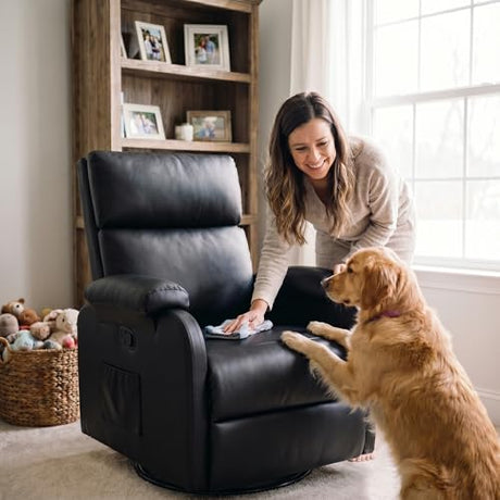 Flamaker Rocking Chair for Nursery, 360 Swivel Rocker Recliner with Vibration Massage, PU Leather, Adjustable Backrest, for Living Room, Bedroom (Black) Flamaker