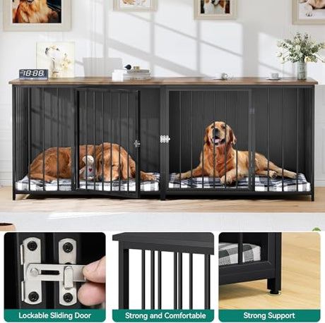 YITAHOME Double Dog Crate Furniture, 80.2 inch Large Breed Dog Kennel with Divider, Heavy Duty Dog House TV Stand Indoor for 2 Medium Dogs, Black YITAHOME