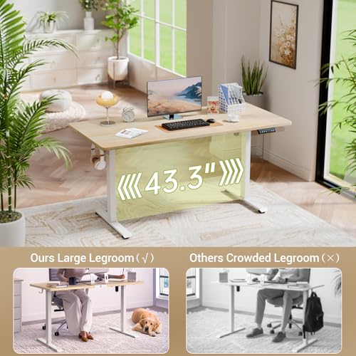 Veken 55 Inch Large Electric Standing Desk, 4 Memory Heights Adjustable,Sit to Stand Up, Work Home Office Computer Table for Study, Walking Pad, Writing, and Games, Wooden Desktop Desks, Nature Wood Veken