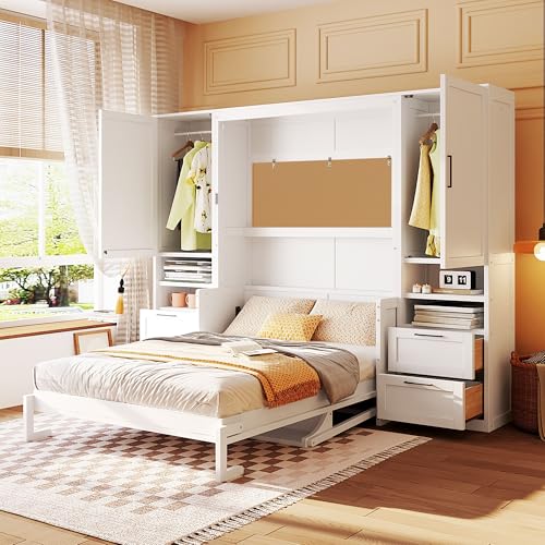 Merax Full Size Murphy Bed with Desk, Multifunctional Foldable Wall Bed with Closet, Drawers and Shelves, Space-Saving Wood Platform Bed Frame for Small Spaces Studio Study Office Guest Room, White Merax
