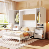 Merax Full Size Murphy Bed with Desk, Multifunctional Foldable Wall Bed with Closet, Drawers and Shelves, Space-Saving Wood Platform Bed Frame for Small Spaces Studio Study Office Guest Room, White Merax