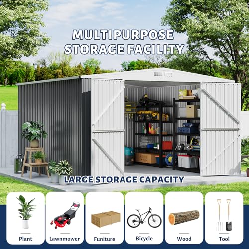 GarveeLife 10x10 Shed for Outdoor Storage, Galvanized Steel Metal Tool Sheds House with Lockable Doors, Lock & Air Vent, Large Utility Sheds for Patio Garden Lawn - WoodArtSupply