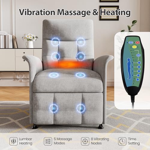 LegacyAmerhome Power Recliner Chair for Adults with Heat & Massage - Soft Fabric Electric Reclining Sofa with Remote Control, 3 Side Pockets, 180° Lay Sleeper for Living Room Home Theater, Light Grey