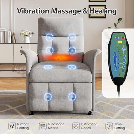 LegacyAmerhome Power Recliner Chair for Adults with Heat & Massage - Soft Fabric Electric Reclining Sofa with Remote Control, 3 Side Pockets, 180° Lay Sleeper for Living Room Home Theater, Light Grey LegacyAmerhome