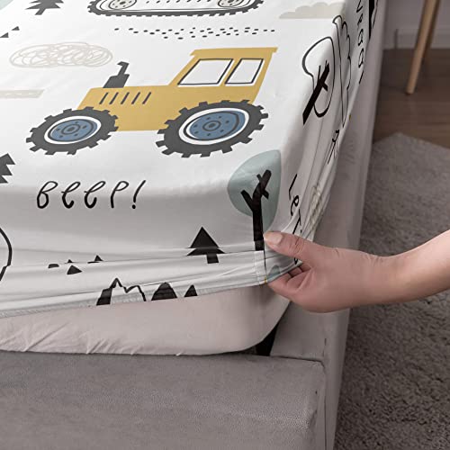 Datura home Woodland Construction Sheets Set 4Pcs for Kids,Cartoon Excavator Truck Lifter Print Sheet Set with 1 Flat Sheet and 1 Fitted Sheet + 2 Pillowcases(Woodland Construction Full) Datura home