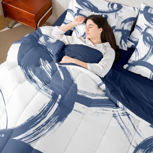 Erosebridal Blue and White 7 Piece Comforter Set Queen Abstract Line Ink Painting Bedding Set for Kids Boys Girls Simple Minimalist Graffiti Art Modern Geometric Sheet Set Boho Cool Unique Mens Quilt Erosebridal