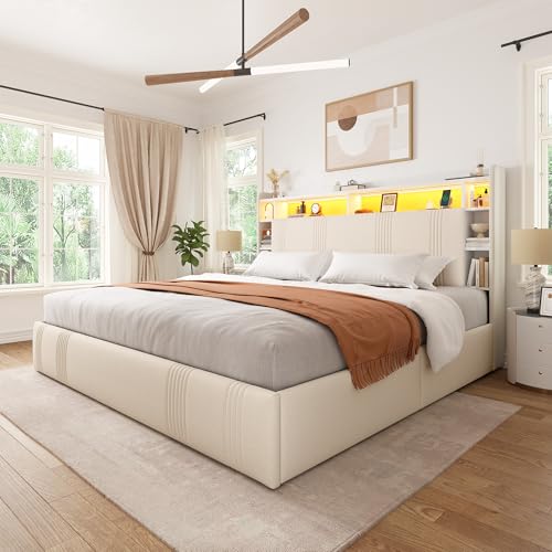 EnHomee King Size Bed Frame with 4 Storage Drawers, Upholstered Platform King Bed Frame with Headboard & LED Lights & Charging Station, Noise Free, No Box Spring Needed, Beige EnHomee