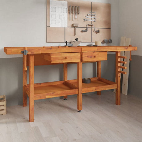 Loibinfen Workbench with 2 Drawers and 1 Shelf for Garage, Workshop and Home, Work Bench Hardwood Workbench Workstation, Multipurpose Work Bench Table, 75.6"x24.4"x32.7" Solid Wood Acacia loibinfen
