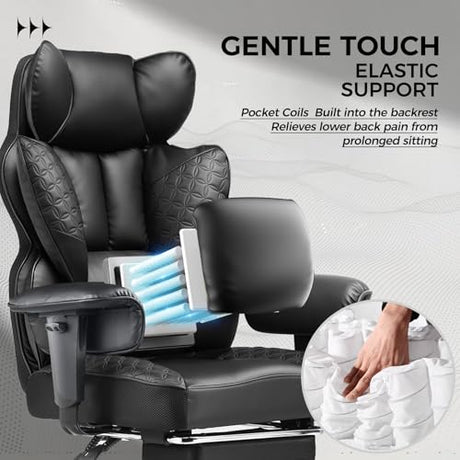 COMHOMA Big and Tall Office Chair 400LBS Wide Ergonomic Gaming Chair with Deluxe Embossing Designed Leather with Foot Rest,150°Reclining Adjustable Armrests Pocket Spring Back Support and Pillow COMHOMA