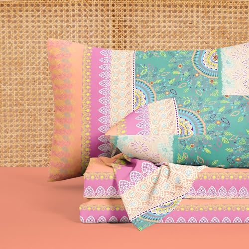 Wake In Cloud - Boho Bed Sheets, 4-Piece Sheet Set, Bohemian Chic Medallion Colorful Hippie Aesthetic Bedding, Deep Pocket, Orange Green, Queen Size Wake In Cloud