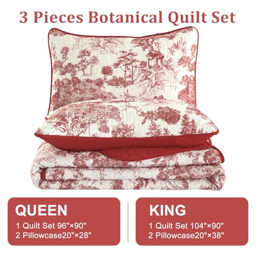 WONGS BEDDING Botanical Quilt Set Queen Size, Red 3 Pieces Floral Plants Printed Bedspread Bedding Set Christmas Soft Lightweight Microfiber Coverlet Set for All Season (96"x90") WONGS BEDDING