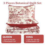 WONGS BEDDING Botanical Quilt Set Queen Size, Red 3 Pieces Floral Plants Printed Bedspread Bedding Set Christmas Soft Lightweight Microfiber Coverlet Set for All Season (96"x90") WONGS BEDDING