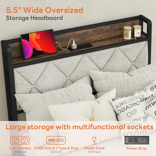 Sweetcrispy Twin Bed Frame with Headboard, Storage Headboard with USB Charging Station, Durable Squeak-Free Frame, Simple No-Tool Assembly,Works with Twin Mattress No Box Spring Needed Sweetcrispy