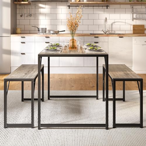 Bealife Dining Table Set for 4 with Metal Frame and MDF Board, Space Saving Kitchen Table with 2 Benches, Kitchen Table Set for Apartment, Dining Room, Breakfast Nook, Grey Bealife