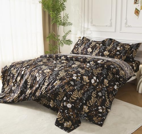 SDY 7PCS Dark Floral Comforter and Sheet Set Full Size, Black Flower Bedding Set for Girl/Women Gift Includes 1*Comforter,1* Flat Sheet, 1*Fitted Sheet,2*Pillowcases and 2*PillowcaseShams SDY