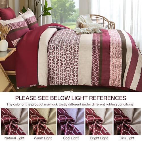 DJY Boho Comforter Set King Size,7 Pieces Bed in a Bag Burgundy Red Striped Bedding Sets,Patchwork Soft Microfiber Bedding Set for All Season(104"x90") DJY