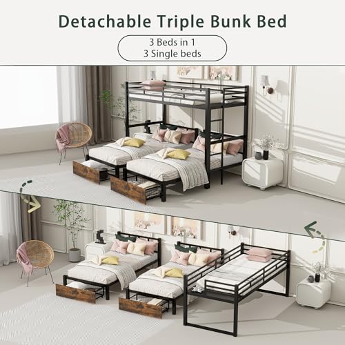 kuurfuurdo Metal Triple Bunk Bed for Kids, Detachable TwinXL Over Twin Over Twin Triple Bunk Bed with Guardrails, Ladder & Storage Drawer, Converts to 3 Separate Beds (3 Bunk Beds for Kids) kuurfuurdo