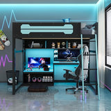 Harper & Bright Designs Full Size Wood Gaming Loft Bed with Desk and Storage Shelves, Modern Low Loft Bed Frame with LED Lights, USB Ports and Pegboard for Kids Teens Adults, Black+Blue Harper & Bright Designs