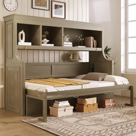 LUMISOL Murphy Bed Twin Size with Desk, Wood Wall Bed Frame with Storage Shelves, Space-Saving Farmhouse Cabinet Bed Frame for Small Bedroom, Home Office, Apartment, Grey Wash LUMISOL
