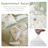 ALEISSEL Natural Cotton 3pcs Botanical Comforter Sets Queen Size-Green Comforter with Red & Blue Flowers,Gray Leaves on Off-White, Reversible Lightweight Bedding Sets(Full/Queen) ALEISSEL
