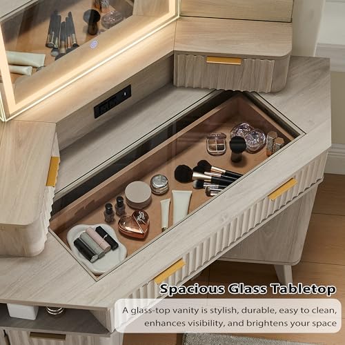 T4TREAM Fluted Makeup Vanity Desk with 3 Way Mirror and Lights, 48" Large Corner Vanity Table with Glass Top, Charging Station, 3 Drawers, Storage Cabinets & Shelves, for Bedroom, White Alder T4TREAM