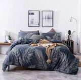 SUSYBAO Plant Patterned Duvet Cover Queen 100% Cotton 3 Pieces Set 1 Hawaiian Tropical Botanical Duvet Cover with Zipper Ties 2 Pillowcases Farmhouse Navy Blue Palm Leaves Print Bedding Set Soft SUSYBAO