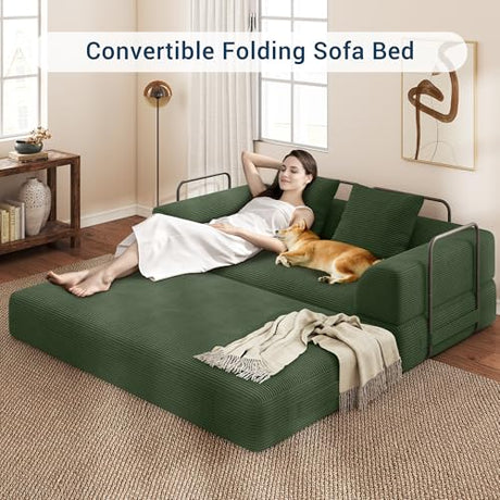 Cloud Boneless Convertible Floor Sofa Bed, 70" 4-in-1 Foldable Compressed Loveseat Lounge Sleeper 2 Seater Couches, High-Density Sponge & Corduroy Fabric Futon Daybed for Living Room Bedroom(Green) Living&Giving