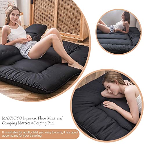 MAXYOYO Japanese Floor Mattress Futon Mattress, 4" Thicken Tatami Mat Sleeping Pad Foldable Roll Up Mat Boys Girls Dormitory Pad Kids Floor Lounger Pillow Bed, Black, Queen MAXYOYO