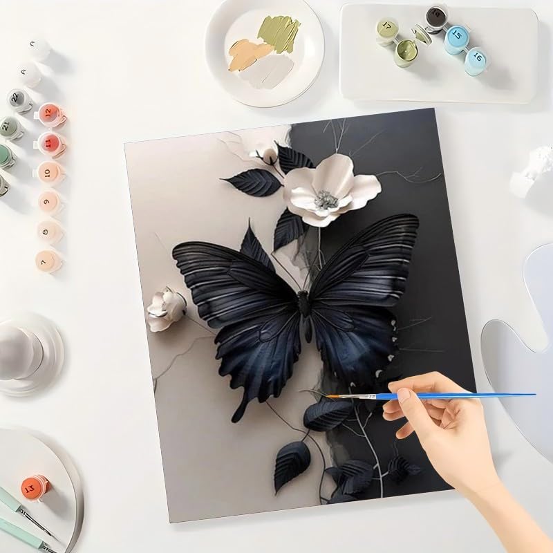 Butterfly Paint by Numbers Kit for Adults - DIY Black Butterfly and White Flowers Painting on Canvas 16x20 Inches,Acrylic Paint Set,Suitable for Beginners,Nature Art for Home Decoration/Gift TAOPAOLAB