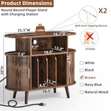 LELELINKY Large Round Record Player Stand with Charging Station & Fluted Panel, Brown Mid Century Modern Turntable Cabinet with Vinyl Storage, Arched Wood Record Player Table for Living Room LELELINKY