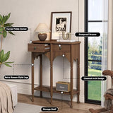 Topbele Console Table with 2 Drawers & Shelf, 28" Mid-Century Modern Entryway Table, Retro 2-Tier Sofa Table, Wooden Accent Table for Living Room, Hallway, Brown Topbele