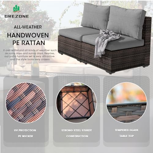 9 Pieces Patio Furniture Set with Fire Pit Table, Outdoor Rattan Sectional Sofa- All Weather High Backrest Wicker Couch Conversation Set with Waterproof Cushion for Backyard balcony Porch (Grey) Grezone