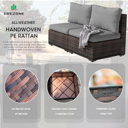 9 Pieces Patio Furniture Set with Fire Pit Table, Outdoor Rattan Sectional Sofa- All Weather High Backrest Wicker Couch Conversation Set with Waterproof Cushion for Backyard balcony Porch (Gr - WoodArtSupply