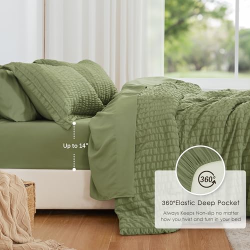 Love's cabin Seersucker Sage Green Twin Comforter Set, 5-Piece All Season Lightweight Bed in a Bag Bedding Set with Comforter, Flat Sheet, Fitted Sheet, Pillowcase and Sham Love's cabin
