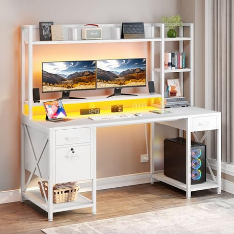 DWVO Computer Desk with Drawers & Hutch, 59.1" Office Desk with Power Outlets & LED Lights, Home Office Desk with Storage Shelves, White DWVO