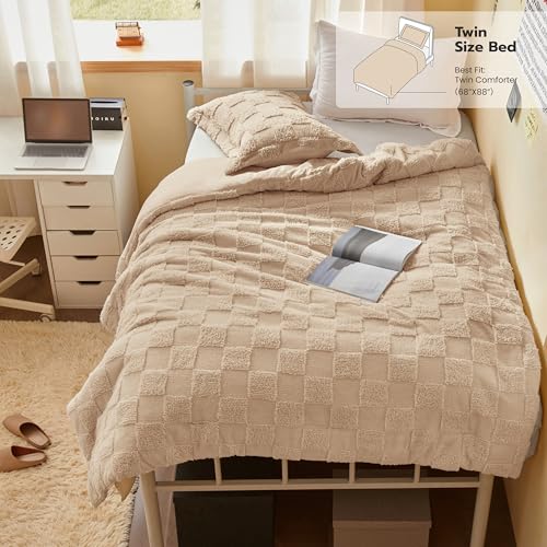 Joiedomi Tufted Twin Comforter Set, 2 Pieces Brown Boho Twin Bedding Set with 1 Plaid Geometric Comforter and 1 Pillow Sham, Checkered Bed in a Bag for All Seasons Joiedomi