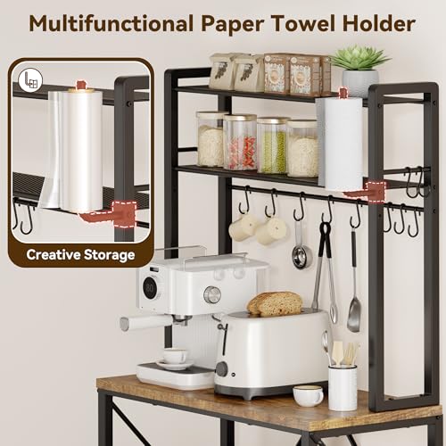 YASONIC Coffee Bar, Bakers Rack with Storage, 25.6 Inches Microwave Stand, 5 Tier Kitchen Shelves Appliance Storage, 12 S Hooks Large Coffee Station for Spices, Pots and Pans, Rustic Brown
