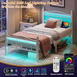 Jenmit Twin Bed Frames with Headboard, LED Bed Frame with Charging Station, Metal Platform, Under-Bed Storage, No Box Spring Needed, Noise Free, Easy Assembly, White Jenmit