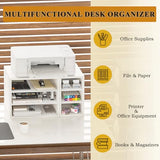 MARTY Printer Stand with Storage for Desk Large Desktop Printer Stand Shelf Riser with 6 Storage Compartments Wood Desk Paper Organzier File Organizer for Home/Office, White MARTY