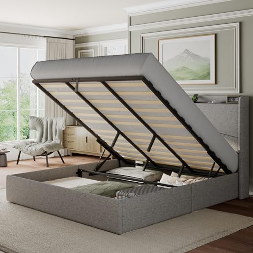 Feonase King Lift-Up Storage Bed Frame with Charging Station and Wingback Design in Light Gray - WoodArtSupply