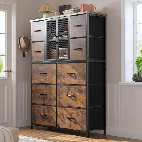 EnHomee Dresser for Bedroom with Mesh Door Tall Dressers & Chests of Drawers with 10 Fabric Drawer Morden Dresser Organizer,Metal Frame,Wood Top,for Closet,Entryway,Rustic Brown 38" Wx11.81 Dx48.1 H EnHomee